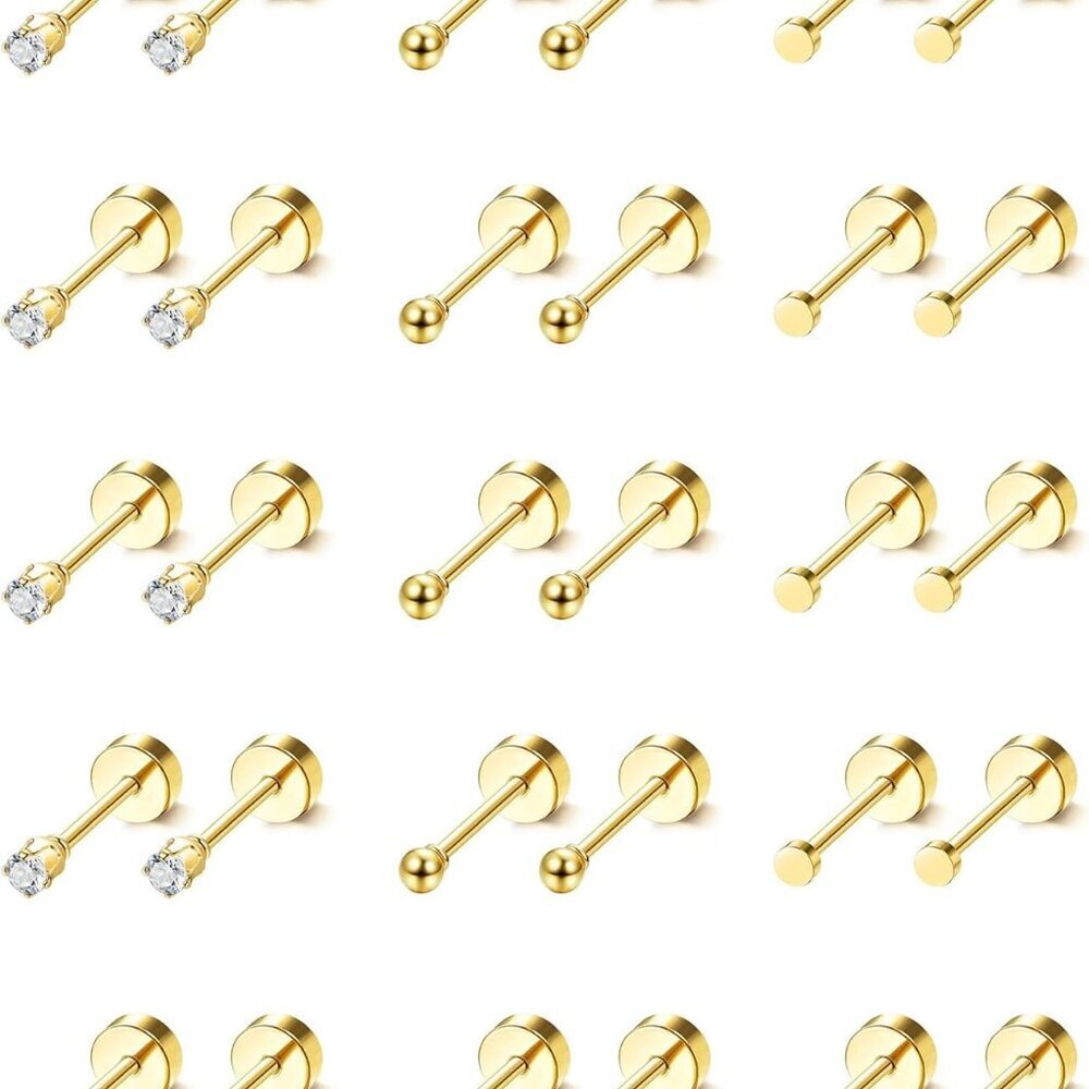 Small Gold & CZ Flat Back Cartilage Earring Set, 15 Pairs, Surgical Steel, Comfo